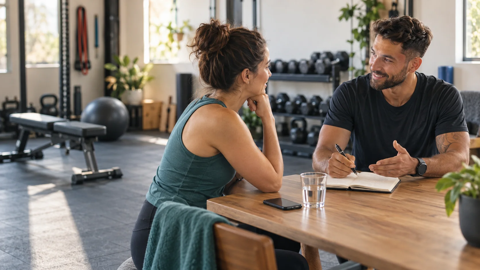 Coach sportif échangeant avec une future cliente lors d’un premier rendez-vous dans une salle privée.