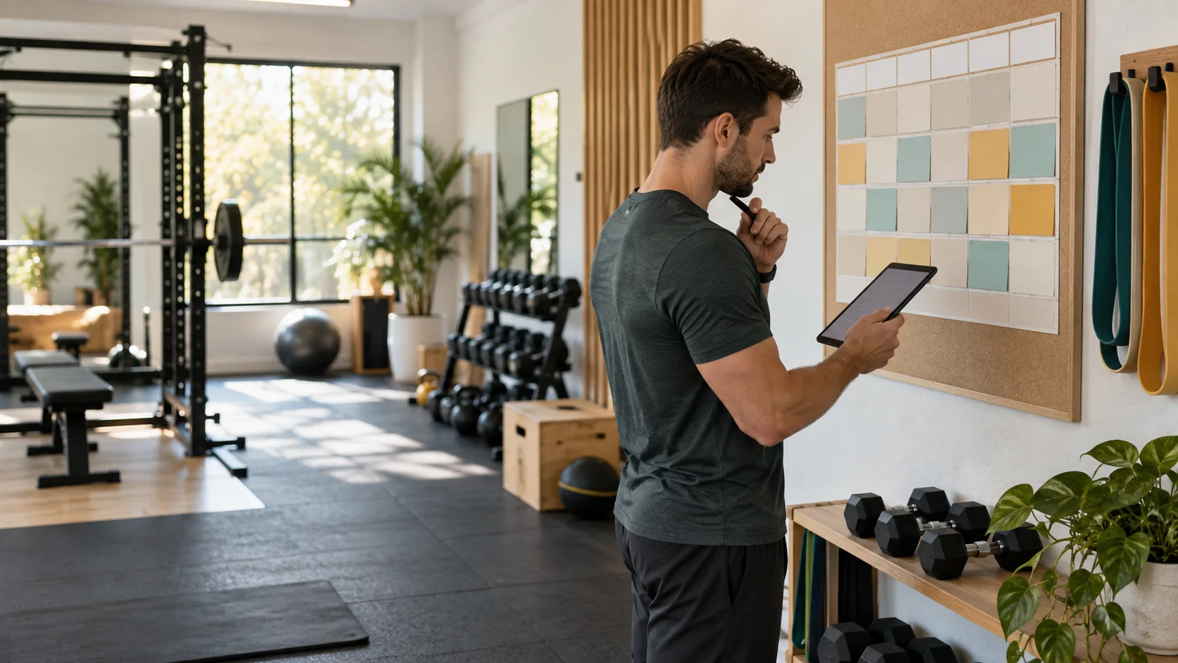 Coach sportif planifiant sa charge de travail hebdomadaire sur un calendrier dans une salle privée.