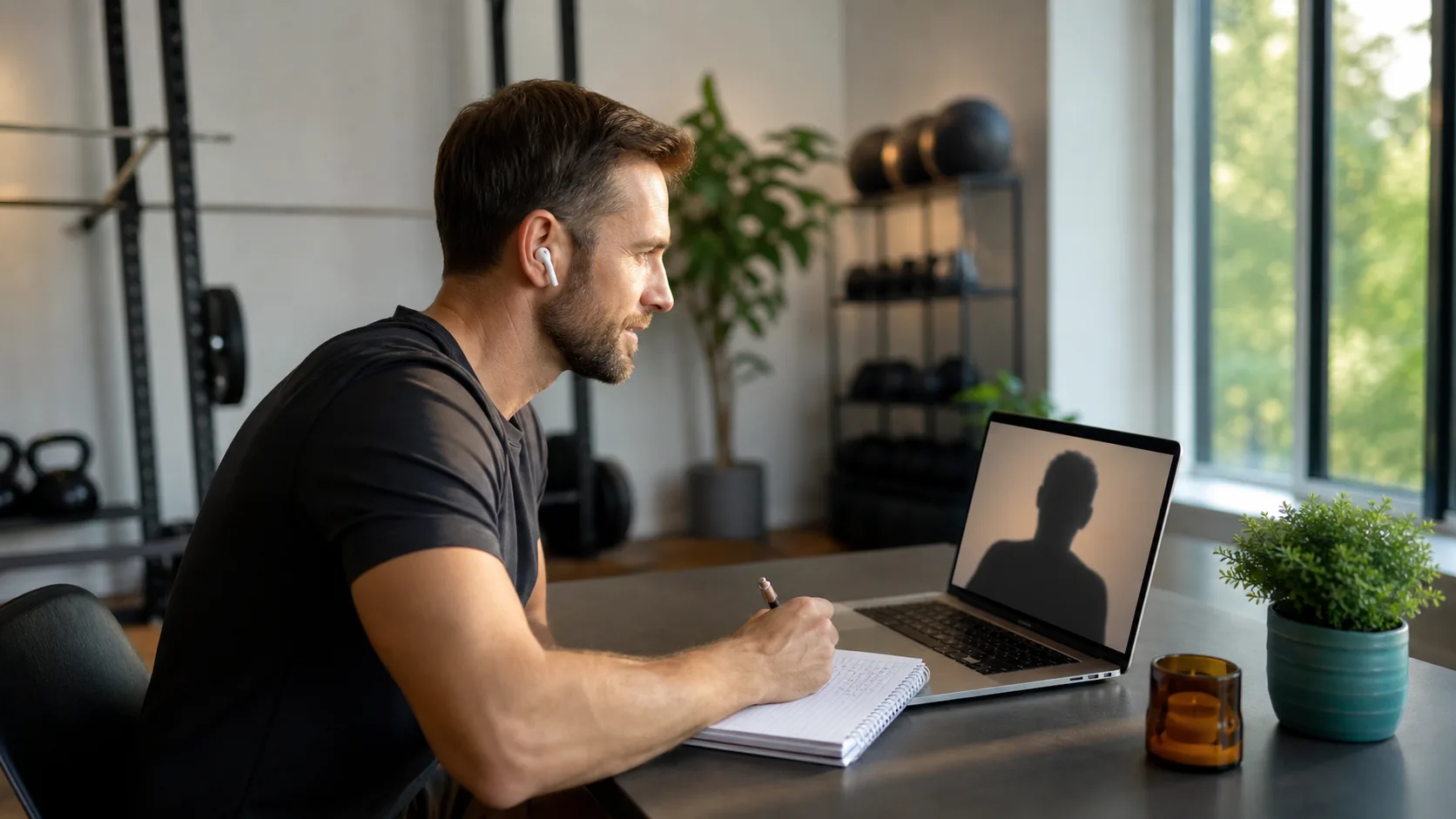 Coach sportif échangeant avec une cliente pendant un point de suivi à distance.
