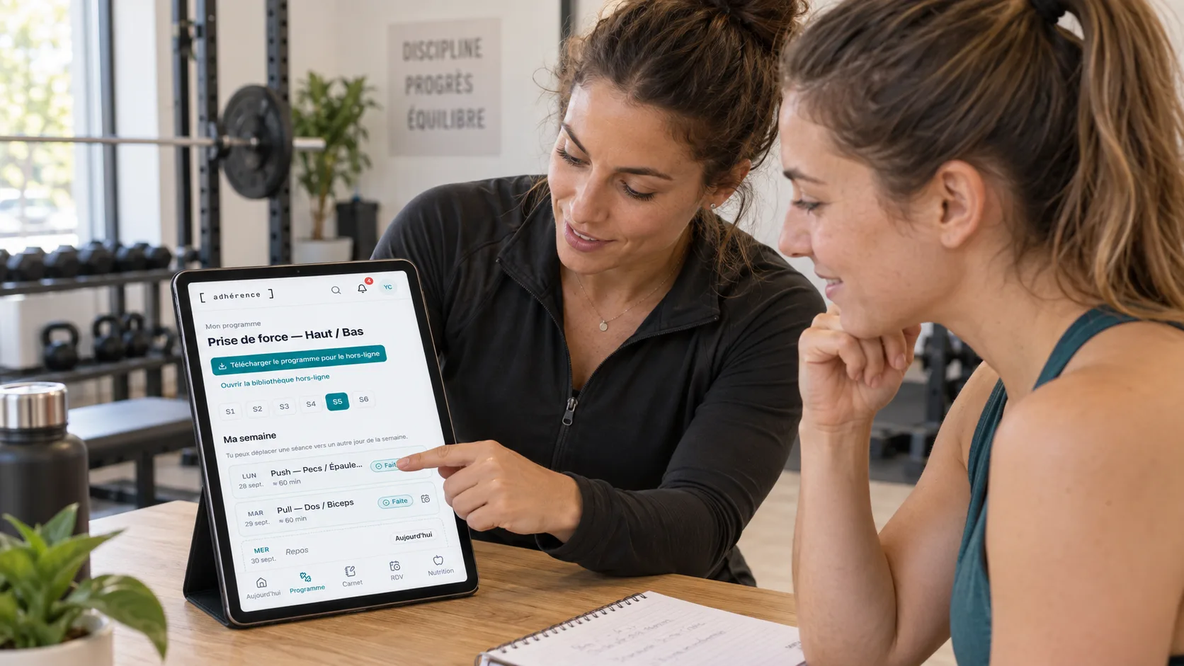 Coach sportive et élève vérifiant ensemble le programme Adhérence sur une tablette.