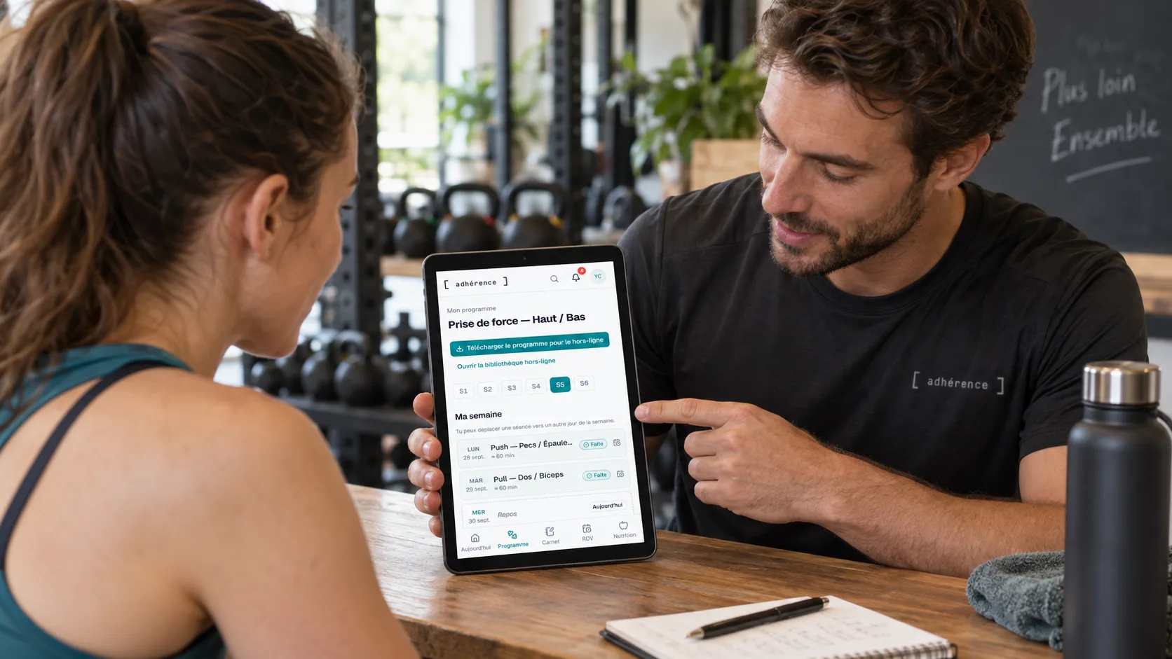 Coach et élève préparant une séance accompagnée avec le programme Adhérence sur une tablette en salle.