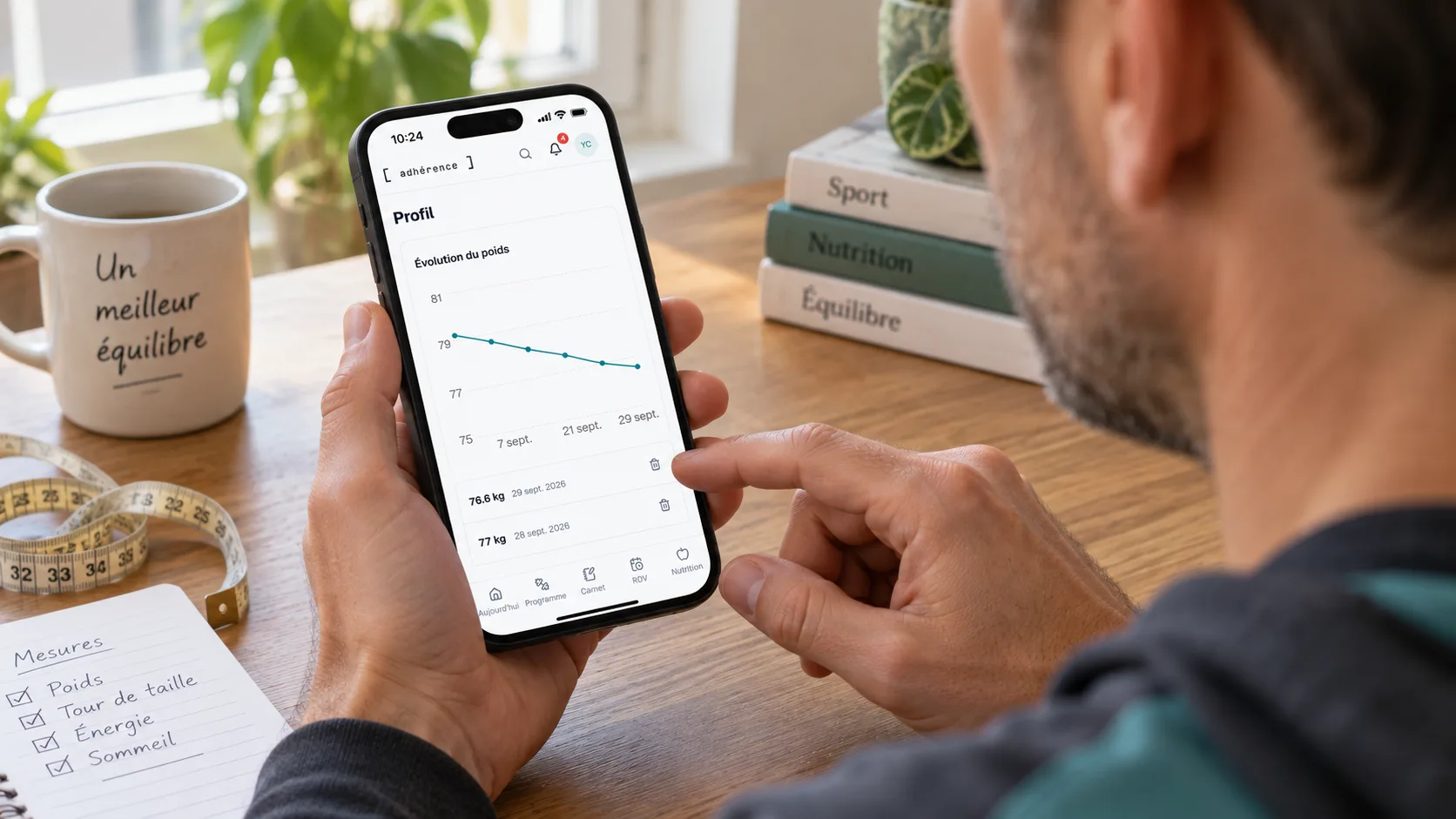Élève consultant l’évolution de son poids dans Adhérence sur téléphone avec un ruban de mesure sur son bureau.