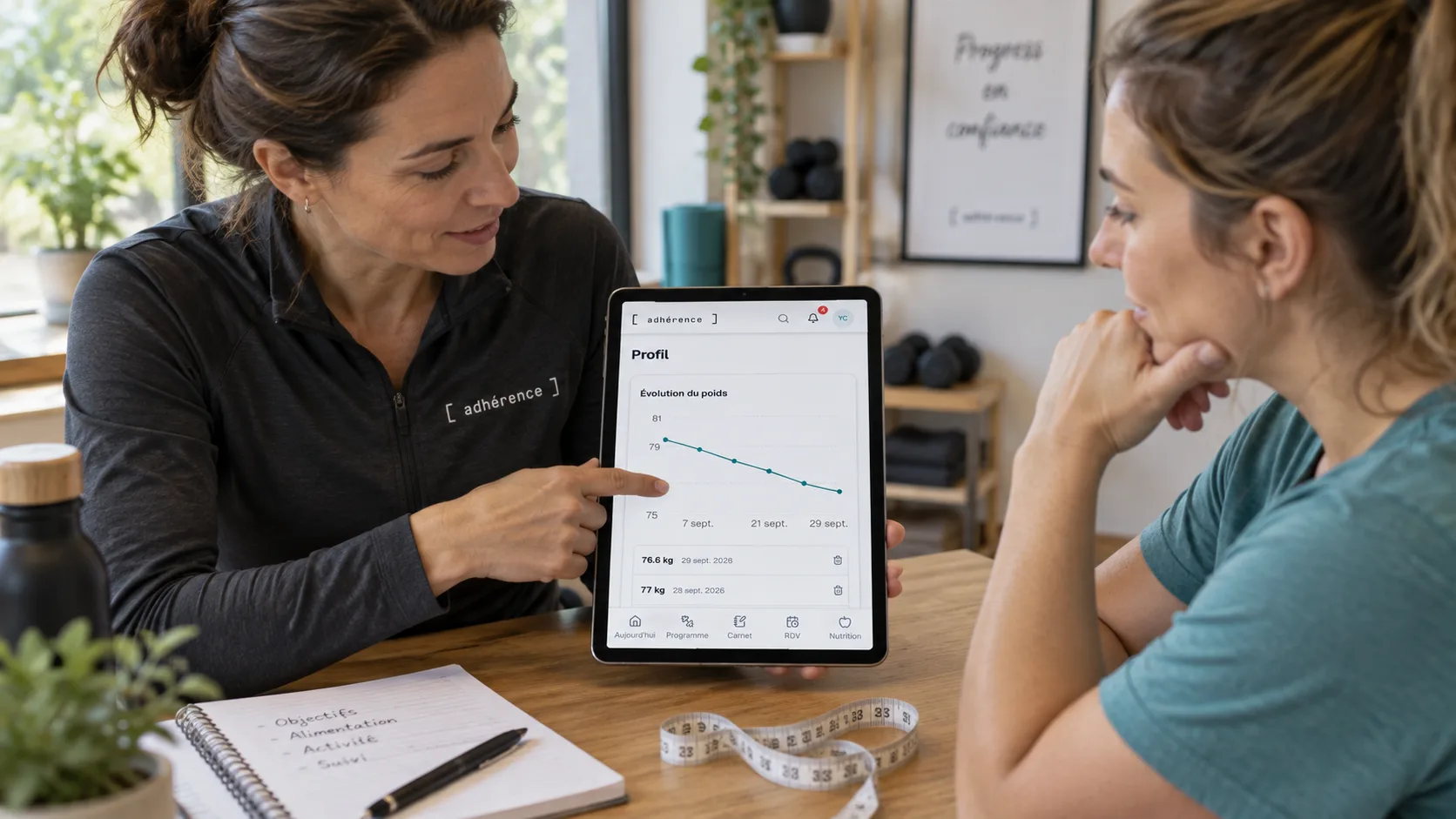 Coach et élève examinant l’historique du poids Adhérence sur tablette avec un ruban de mesure posé sur la table.