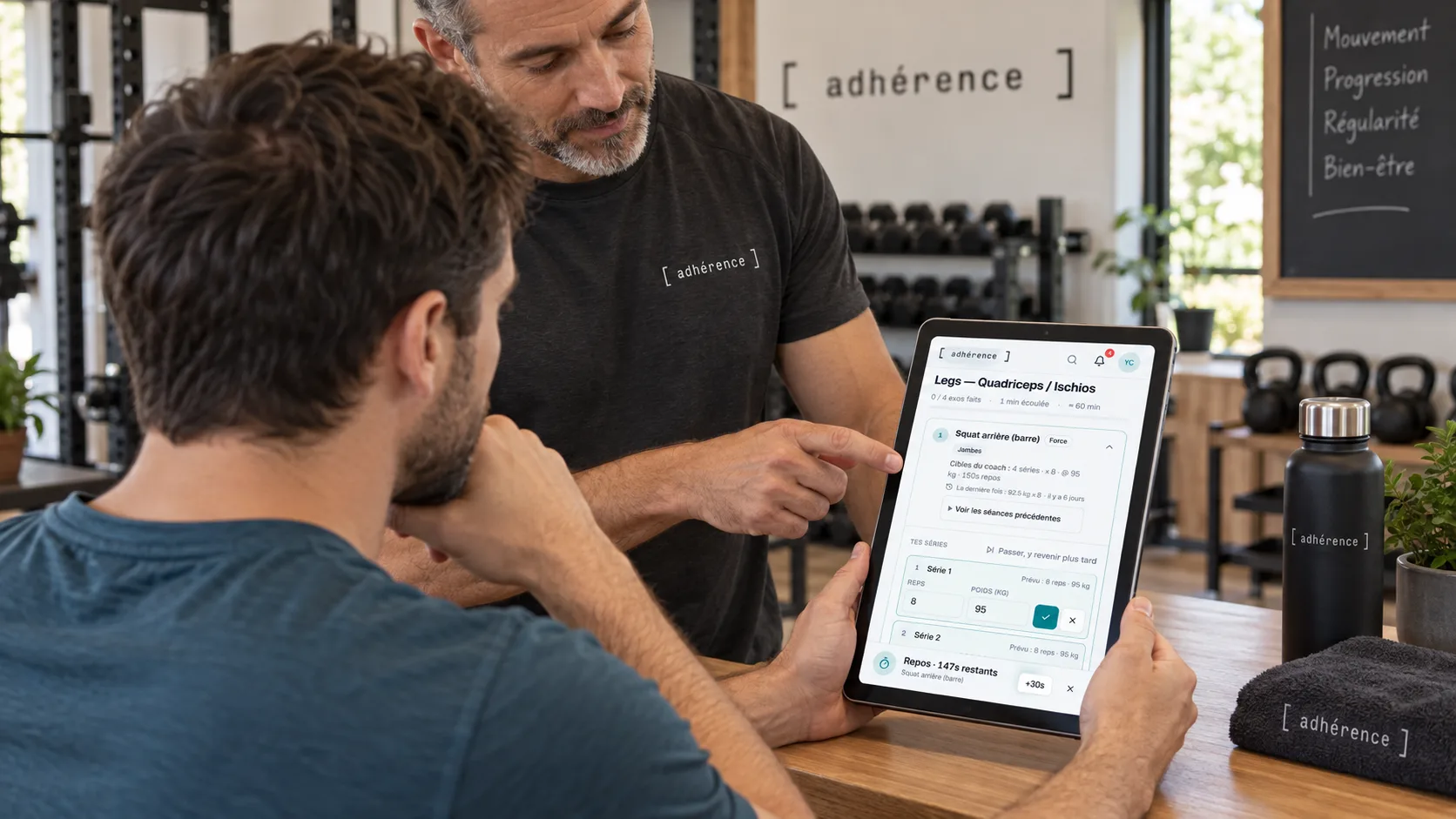 Coach expliquant à un élève comment renseigner une série dans le carnet Adhérence affiché sur une tablette.