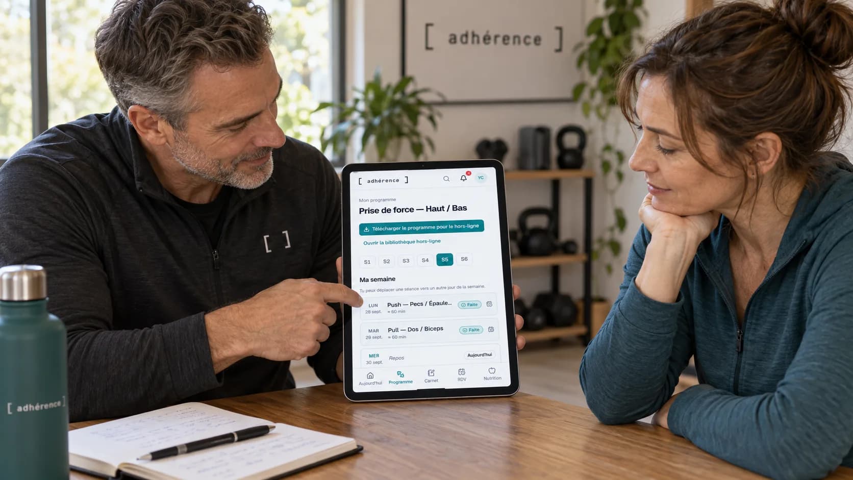 Trainer and client discussing a monthly review around an Adhérence programme displayed on a tablet.