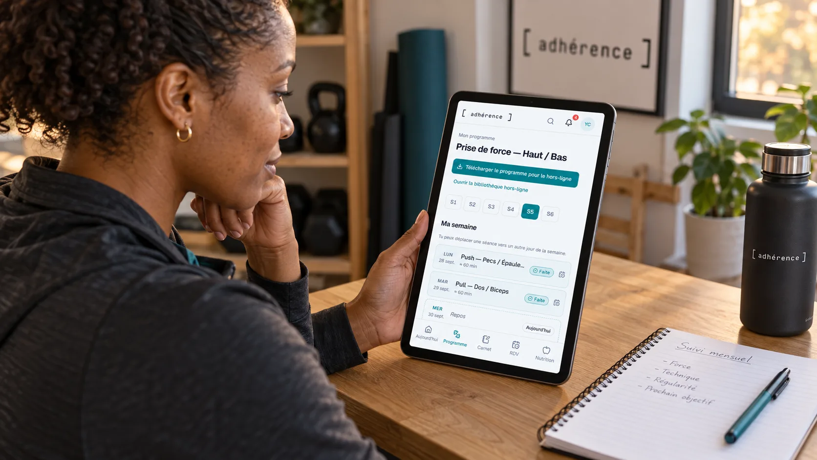 Trainer preparing a monthly review with an Adhérence programme on a tablet and a notebook beside it.