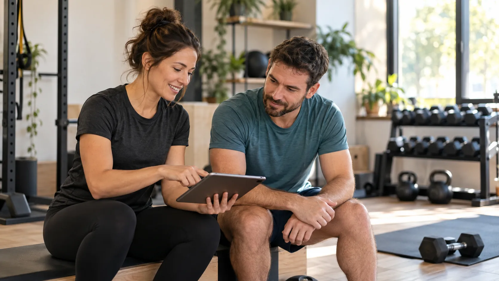 Coach sportive et nouvel élève consultant ensemble un planning sur tablette pour préparer la première semaine d’entraînement.