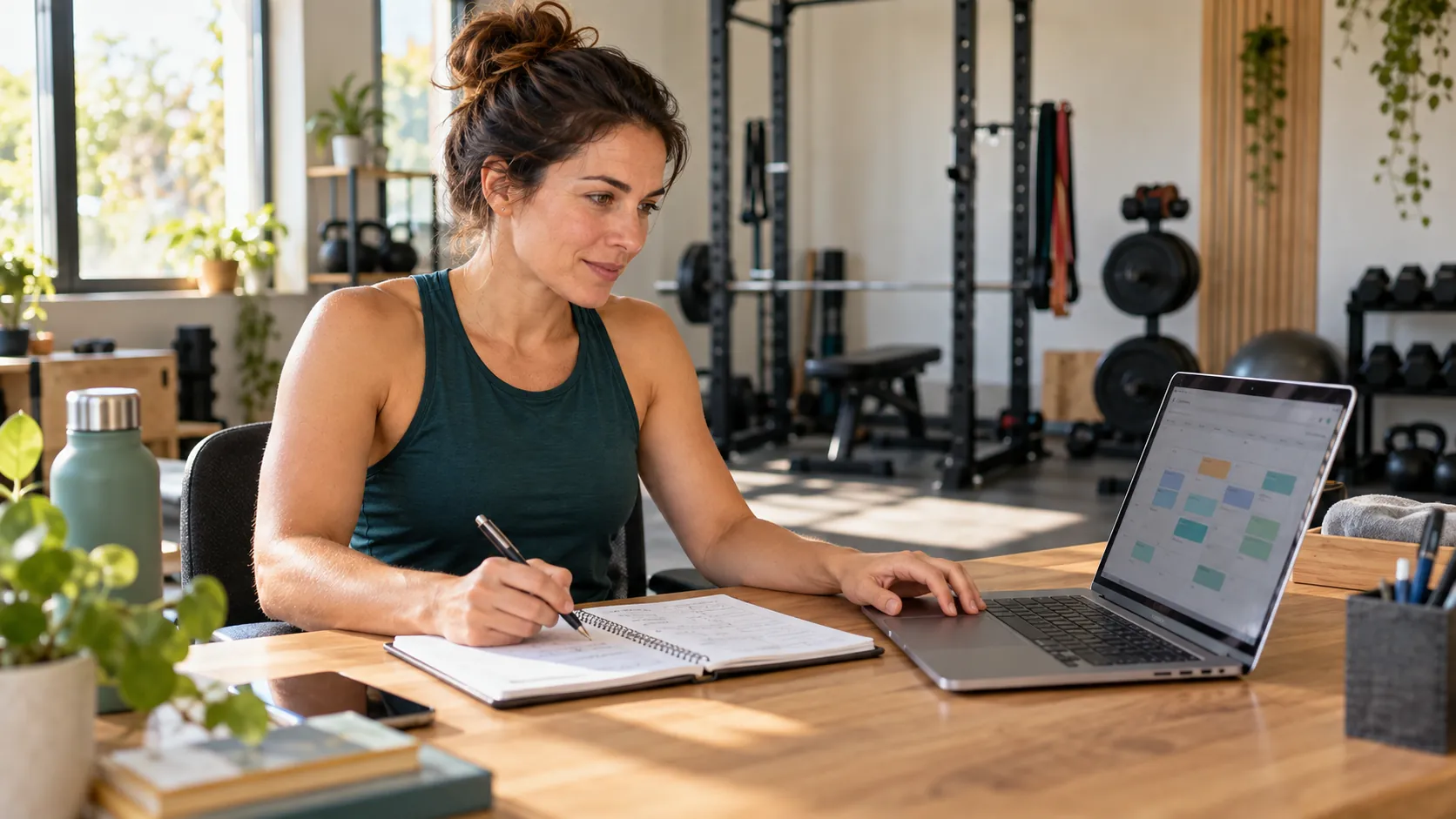 Coach sportive préparant son offre de coaching en ligne avec un carnet et un ordinateur.