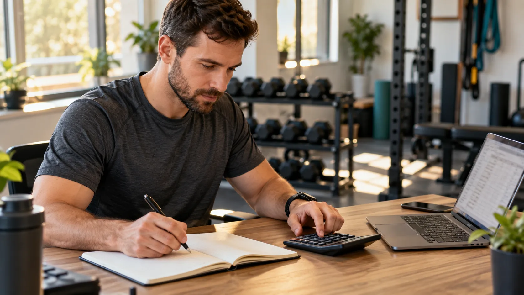Coach sportif calculant les coûts et le temps de ses offres avec une calculatrice et un carnet.