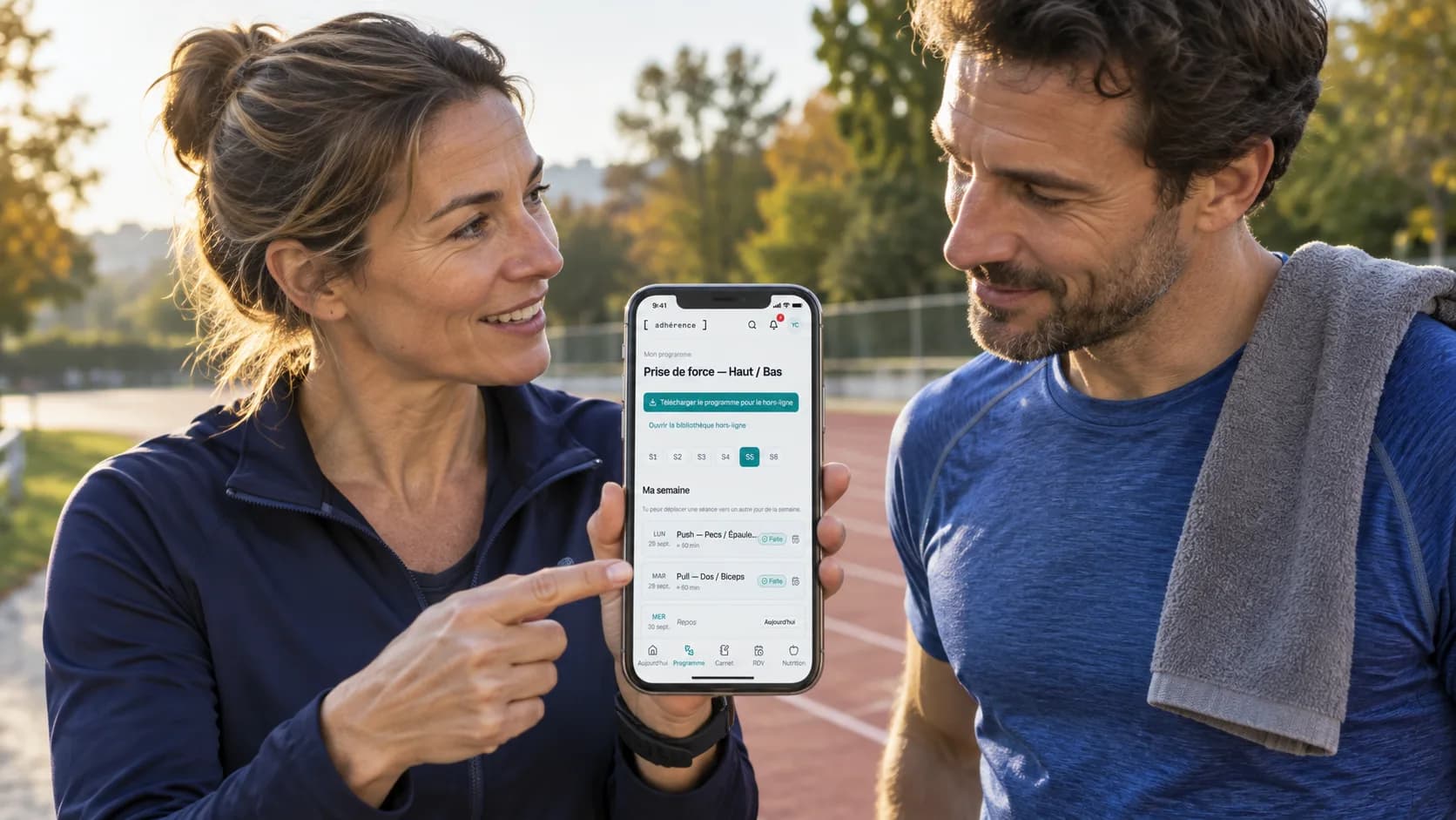 Coach et élève échangeant au bord d’une piste autour du programme Adhérence affiché sur un téléphone.