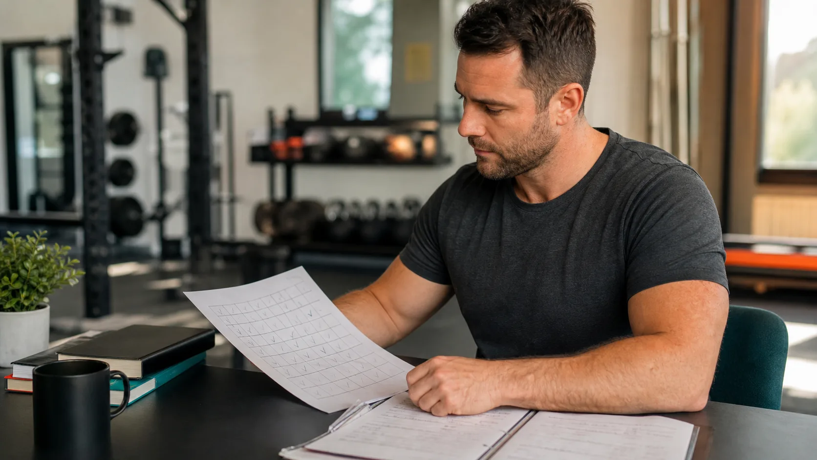 Coach sportif regardant un calendrier d’entraînement pour préparer le suivi d’une cliente.