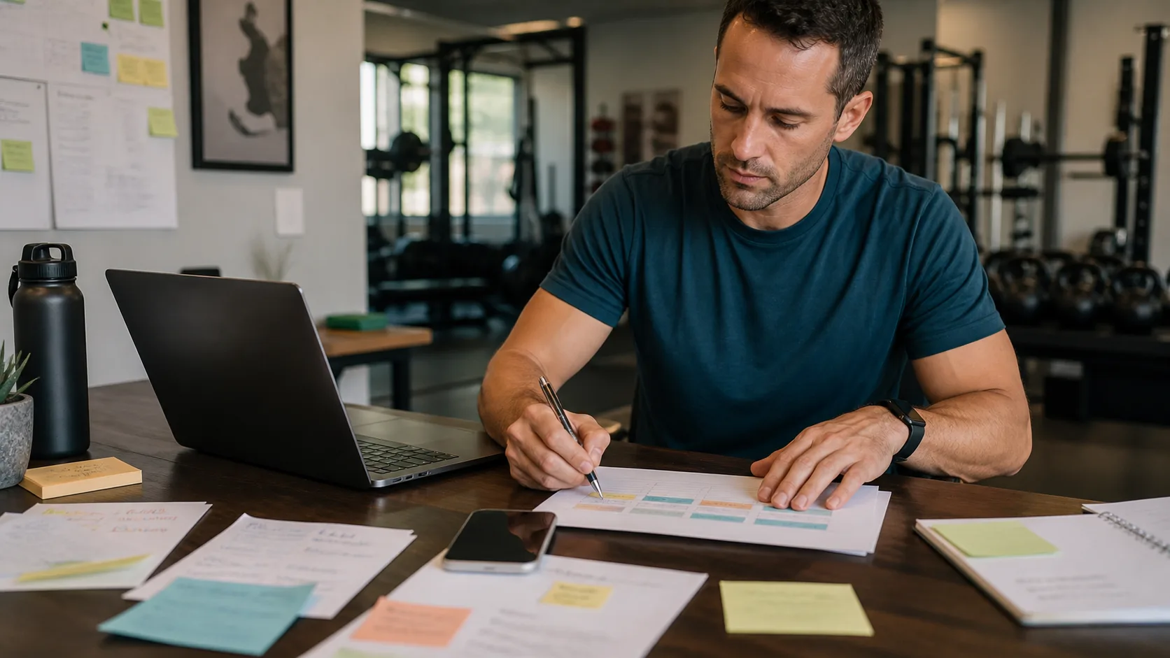 Coach sportif réorganisant ses notes et son planning en un suivi hebdomadaire clair.