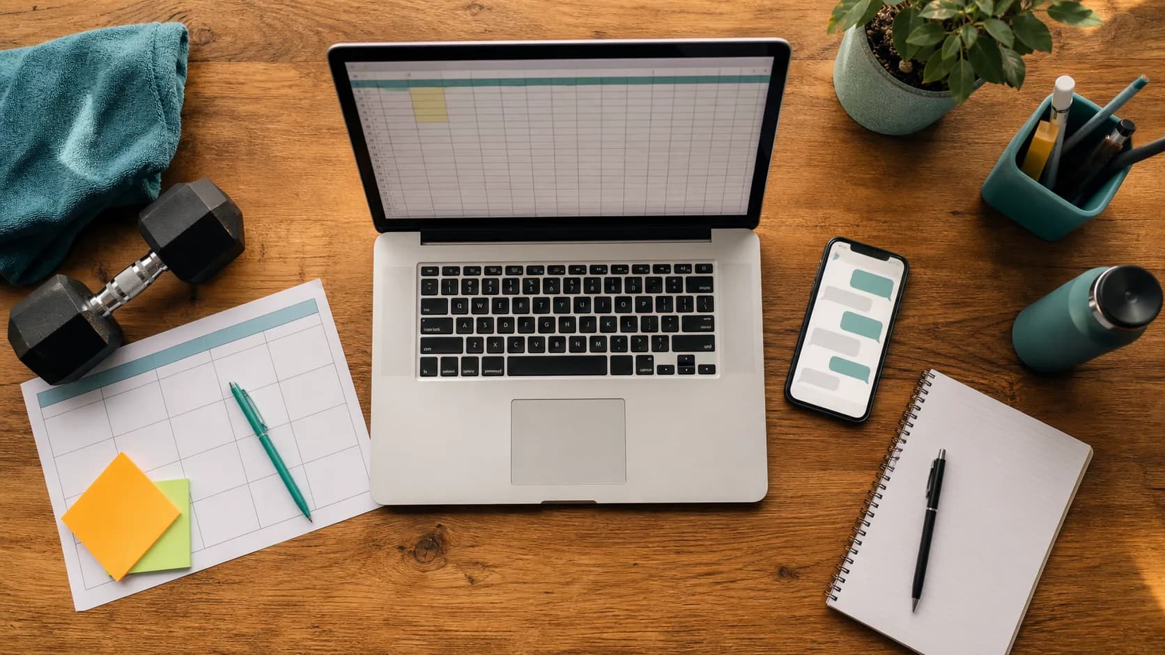 Espace de travail d’un coach sportif avec ordinateur, calendrier et téléphone pour organiser le suivi.
