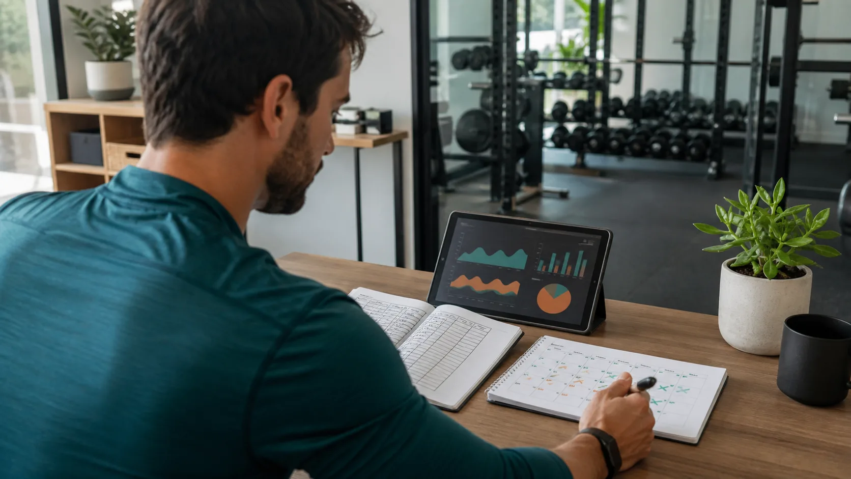 Coach sportif comparant un journal d'entraînement, un calendrier et quelques tendances utiles.