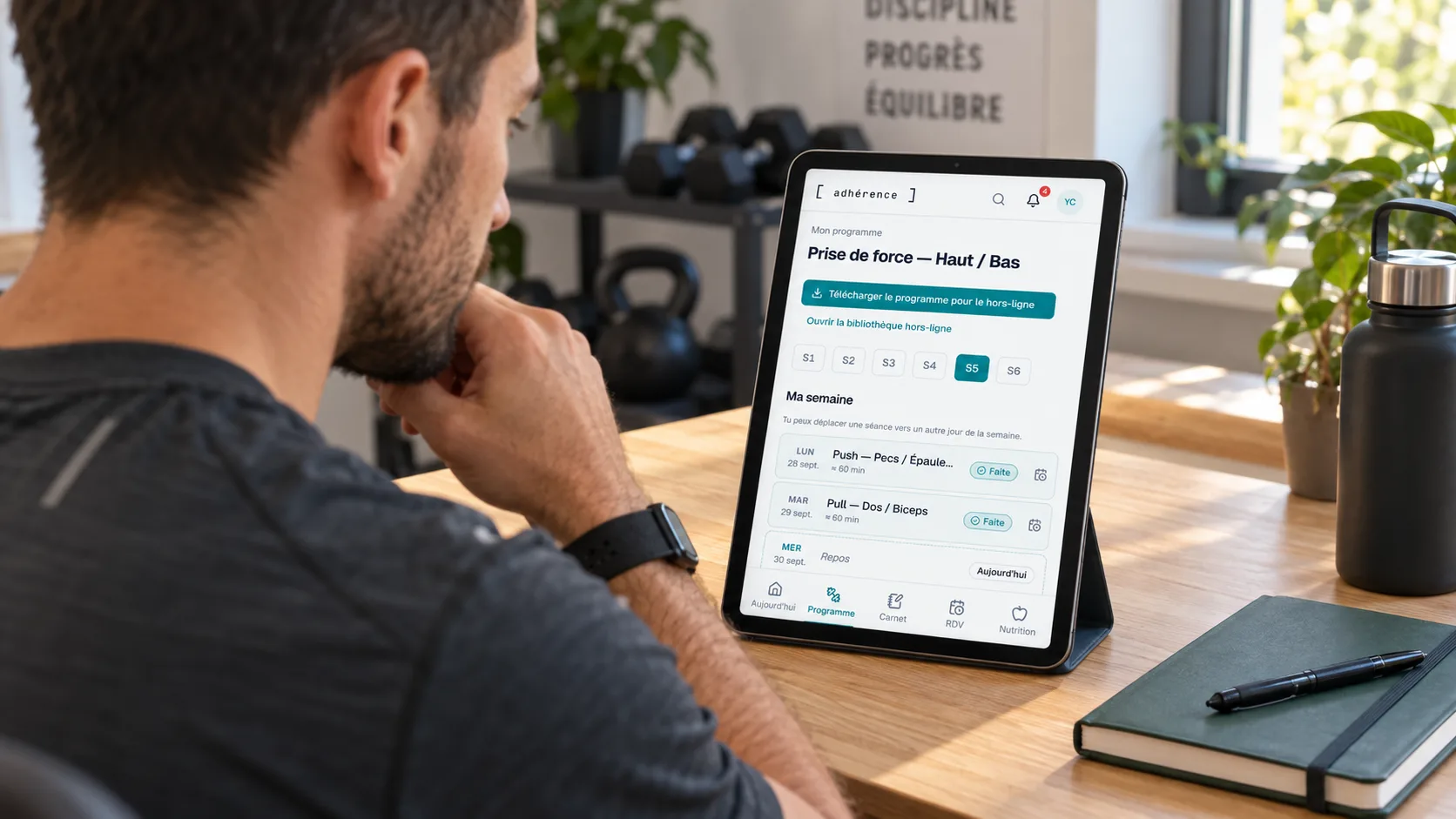 Coach sportif examinant le suivi de ses élèves dans Adhérence sur une tablette.